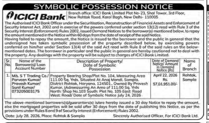 ICICI Bank Symbolic Possession Notice