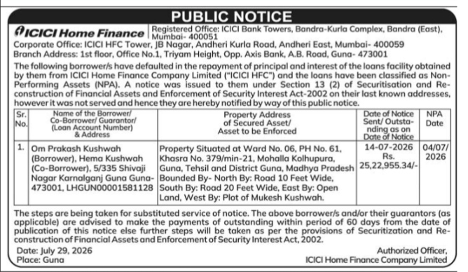 ICICI Home Finance Public Notice for Loan Default (Om Prakash Kushwah)