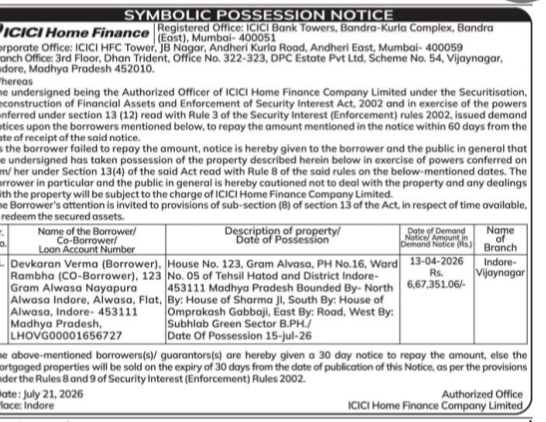 ICICI Home Finance Symbolic Possession Notice for Devkaran Verma (Indore)
