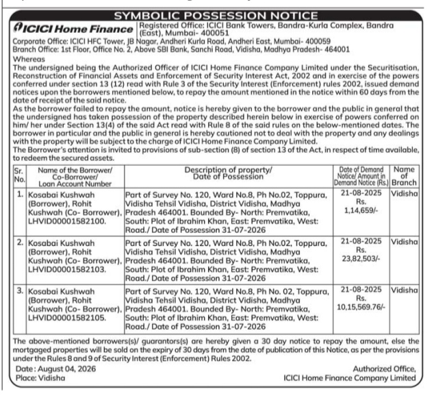 ICICI Home Finance Symbolic Possession Notice