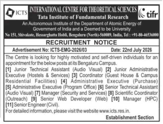ICTS-TIFR Recruitment Notice 2026