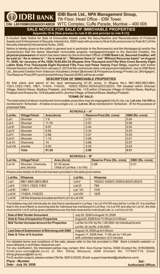 IDBI Bank E-Auction Sale Notice for Immovable Properties in District Rewa, Madhya Pradesh