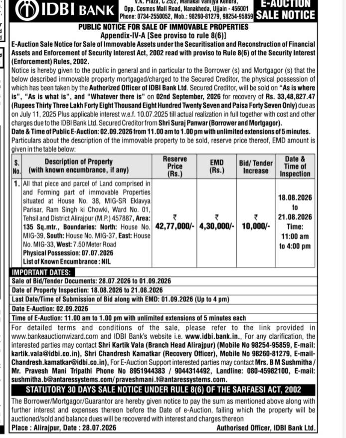 IDBI Bank E-Auction Sale Notice for Immovable Property (Alirajpur, MP)