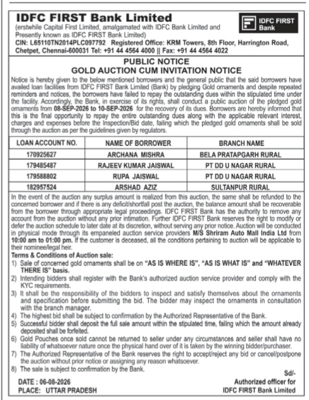 IDFC FIRST Bank Gold Auction Cum Invitation Notice