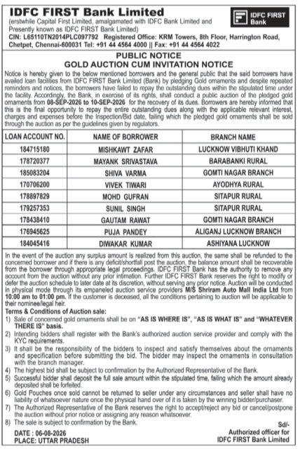 IDFC FIRST Bank Gold Auction Notice