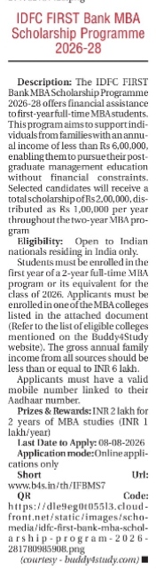IDFC FIRST Bank MBA Scholarship Programme 2026-28