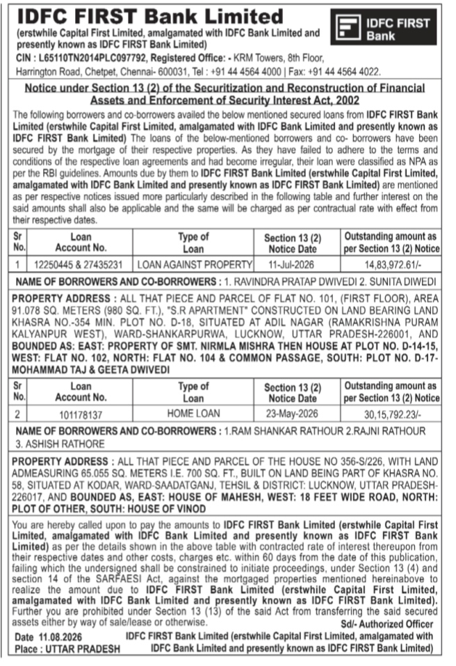 IDFC FIRST Bank SARFAESI Act Public Notice