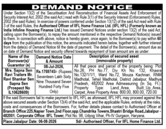 IIFL Home Finance Demand Notice for Mrs. Sapna Sen and Mr. Ravi Shankar Sen (Madhotal, Jabalpur)