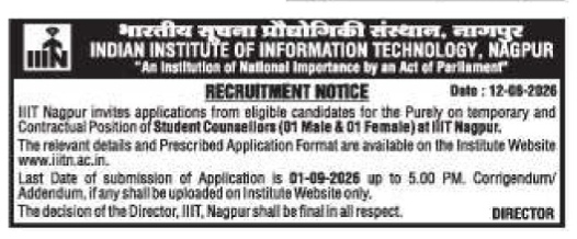 IIIT Nagpur Student Counsellor Recruitment Notice 2026
