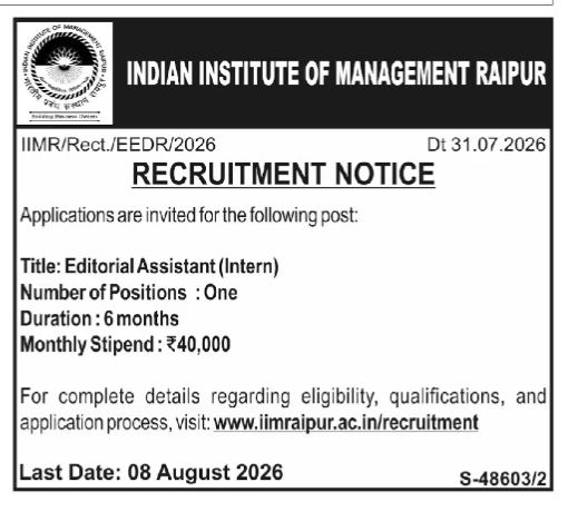 IIM Raipur Editorial Assistant Recruitment 2026