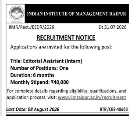 IIM Raipur Recruitment Notice for Editorial Assistant (Intern)