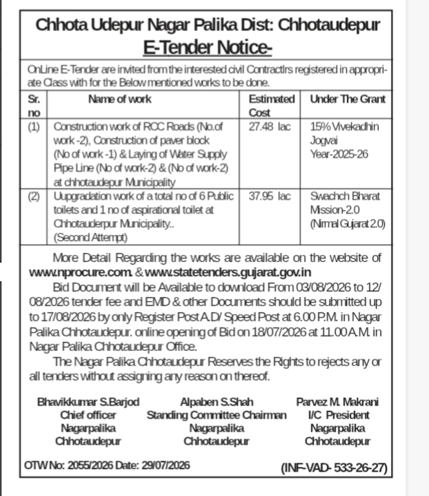 in the image is:E-Tender Notice for Public Works – Chhota Udepur Nagar Palika (2026)