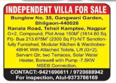 Independent Villa for Sale in Nagpur (4BHK, 2300 Sq Ft)