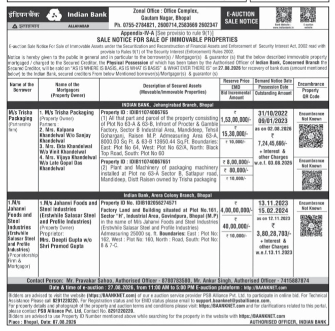 Indian Bank E-Auction Sale Notice for Immovable Properties