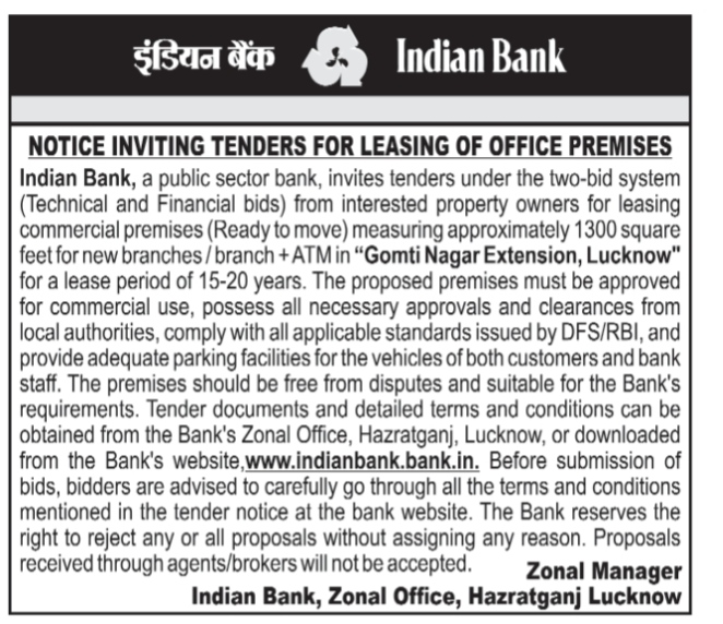 Indian Bank Notice Inviting Tenders for Commercial Premises in Gomti Nagar Extension, Lucknow