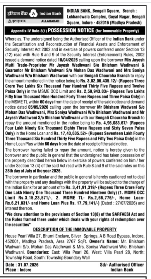 Indian Bank Possession Notice (SARFAESI Act)