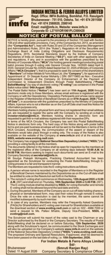 Indian Metals & Ferro Alloys Limited Notice of Postal Ballot