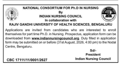 Indian Nursing Council Ph.D. Admission Notification 2026