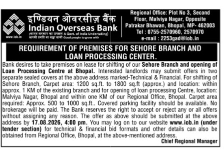 Indian Overseas Bank Advertisement for Leasing Premises in Sehore and Bhopal