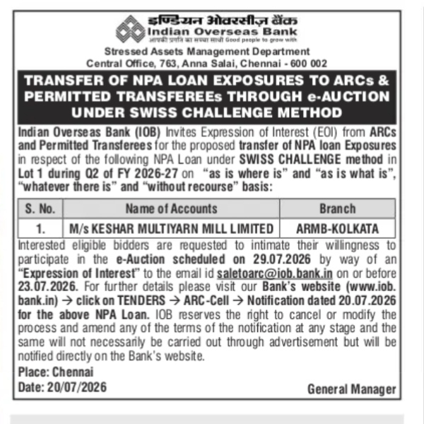 Indian Overseas Bank NPA Loan Transfer Notice (July 2026)