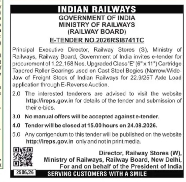 Indian Railways E-Tender Notice for Cartridge Tapered Roller Bearings (Tender No. 2026RSI8741TC)