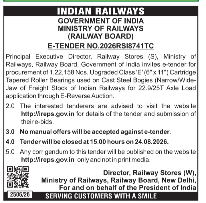 Indian Railways E-Tender Notice for Cartridge Tapered Roller Bearings