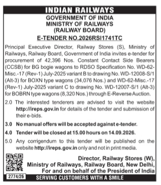 Indian Railways E-Tender Notice for Procurement of Constant Contact Side Bearers (2026)