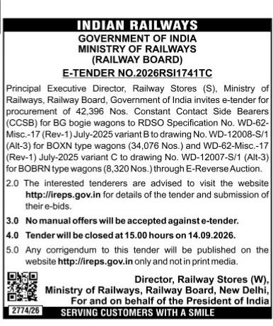 Indian Railways E-Tender Notification for Procurement of Constant Contact Side Bearers (CCSB)