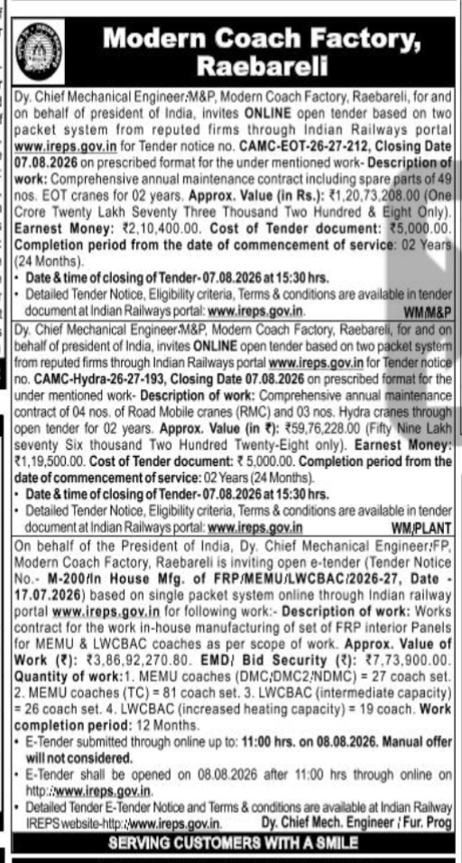 Indian Railways Open Tender Notification - MCF Raebareli