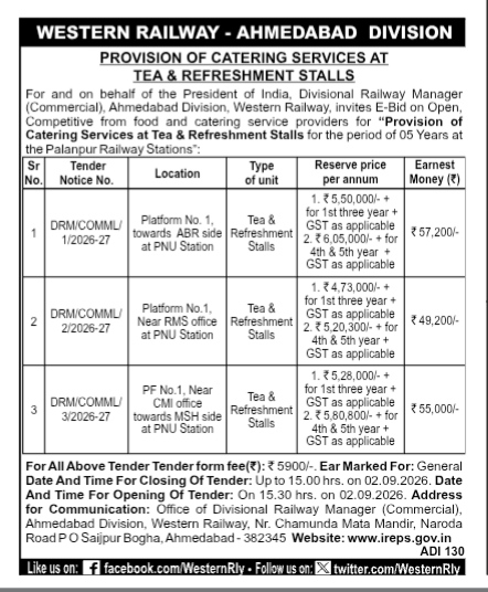 Indian Railways Tender Notice: Catering Services at Palanpur Station