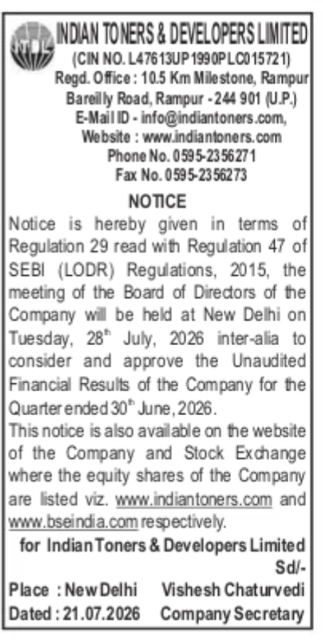 Indian Toners & Developers Limited - Board Meeting Notice (July 2026)