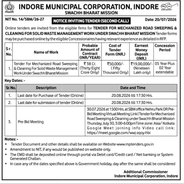 Indore Municipal Corporation Notice Inviting Tender for Mechanized Road Sweeping & Cleaning (2026)