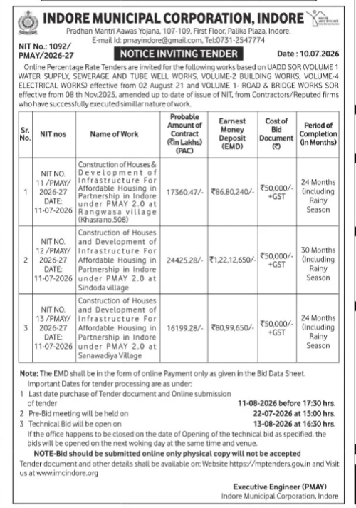 Indore Municipal Corporation Notice Inviting Tender for PMAY 2.0 Affordable Housing Projects (July 2026)