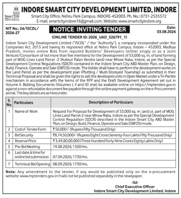 Indore Smart City Development Limited Notice Inviting Tender (August 2026)