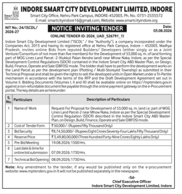 Indore Smart City Notice Inviting Tender for MOG Lines Land Parcel-2 Development