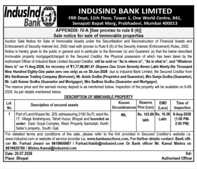 IndusInd Bank Auction Sale Notice for Immovable Property (Bhopal)