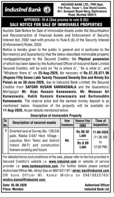 IndusInd Bank Auction Sale Notice for Immovable Property (Indore)