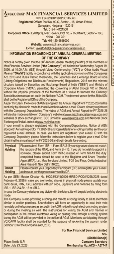 Information Regarding 38th Annual General Meeting of Max Financial Services Limited