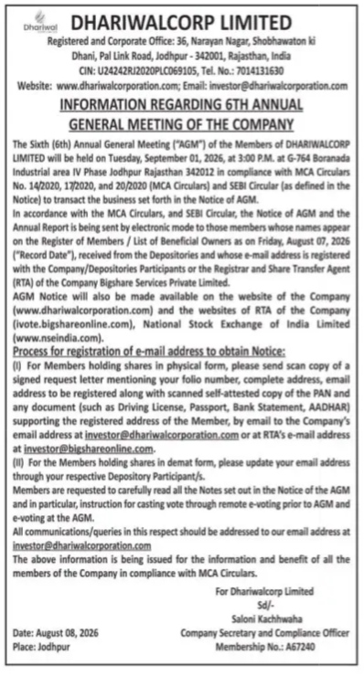 Information Regarding 6th Annual General Meeting of Dhariwalcorp Limited