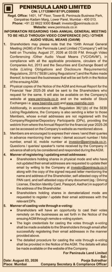 Information Regarding the 154th Annual General Meeting of Peninsula Land Limited