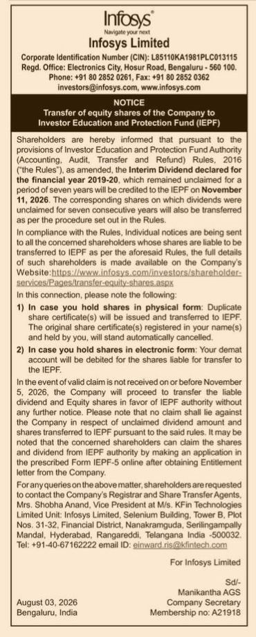 Infosys Limited Notice: Transfer of Unclaimed Dividends and Equity Shares to IEPF (2019-20)