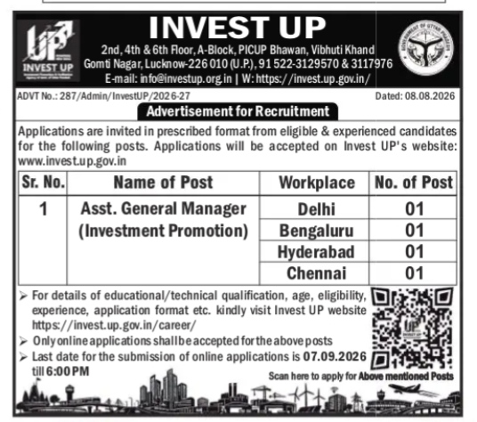 Invest UP Recruitment Advertisement 2026