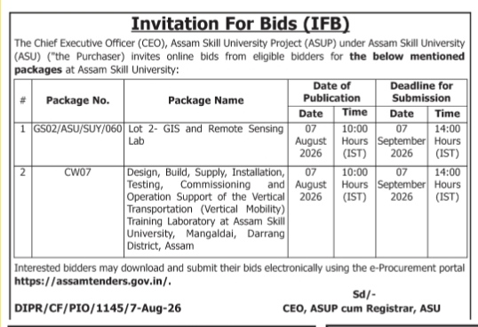 Invitation For Bids (IFB) for Assam Skill University Project (ASUP)