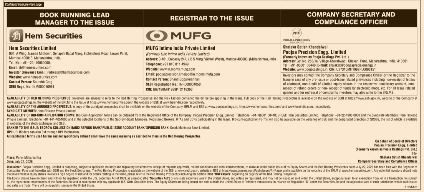 IPO Contact Details and Legal Disclosures for Poojaa Precision Engg. Limited