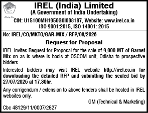 IREL (India) Limited Request for Proposal: Sale of 9,000 MT Garnet Mix