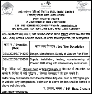 IREL (India) Limited Tender Notice for Equipment Supply.