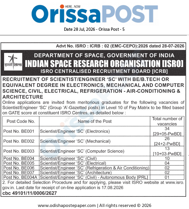 ISRO Recruitment Advertisement for Scientist/Engineer 'SC' Posts (July 2026)