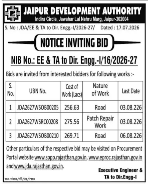 Jaipur Development Authority Notice Inviting Bid (NIB No. EE & TA to Dir. Engg.-I/16/2026-27)