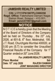 Jamshri Realty Limited Board Meeting Notice (July 23, 2026)