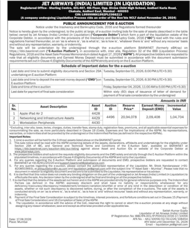 Jet Airways (India) Limited Public Announcement for E-Auction